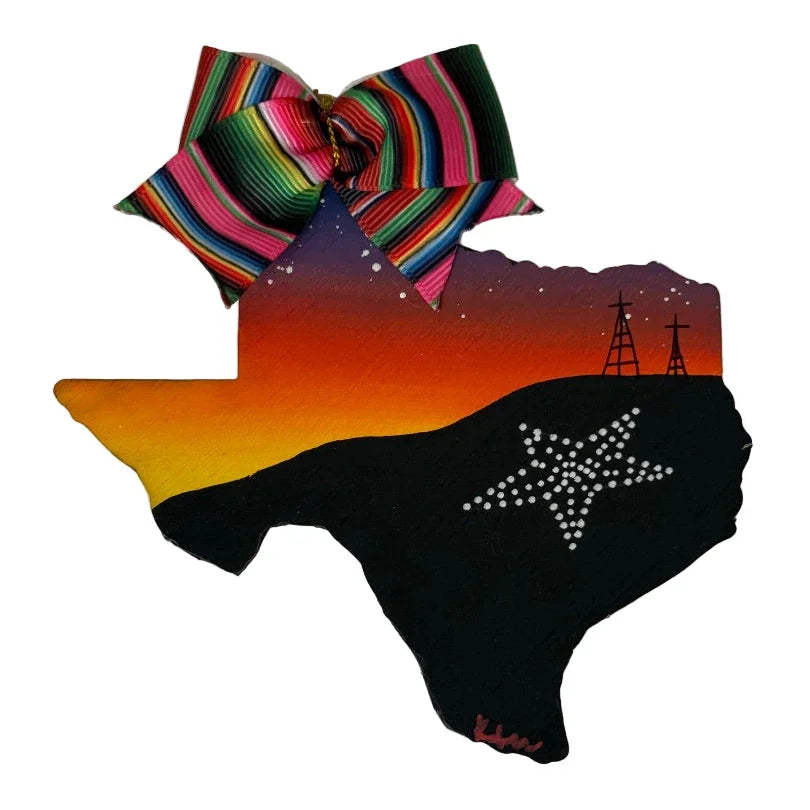 Sunset El Paso Texas-Shaped Magnet – Hand-Painted Wood with Serape Ribbon & Star on the Mountain
