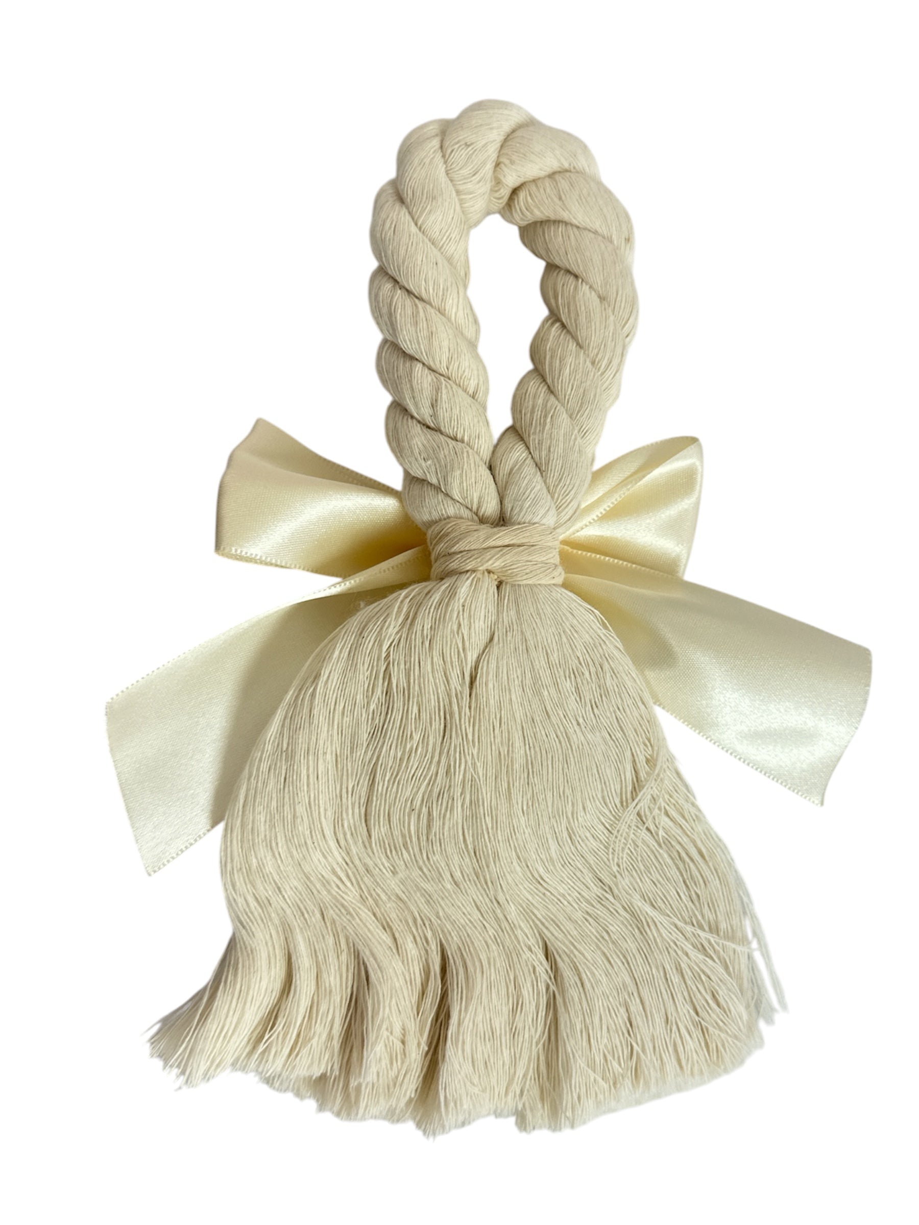 Cream satin bow with Our Lady of Guadalupe image, 8.5-inch Catholic devotional ornament by Jose Alberto Chavez.