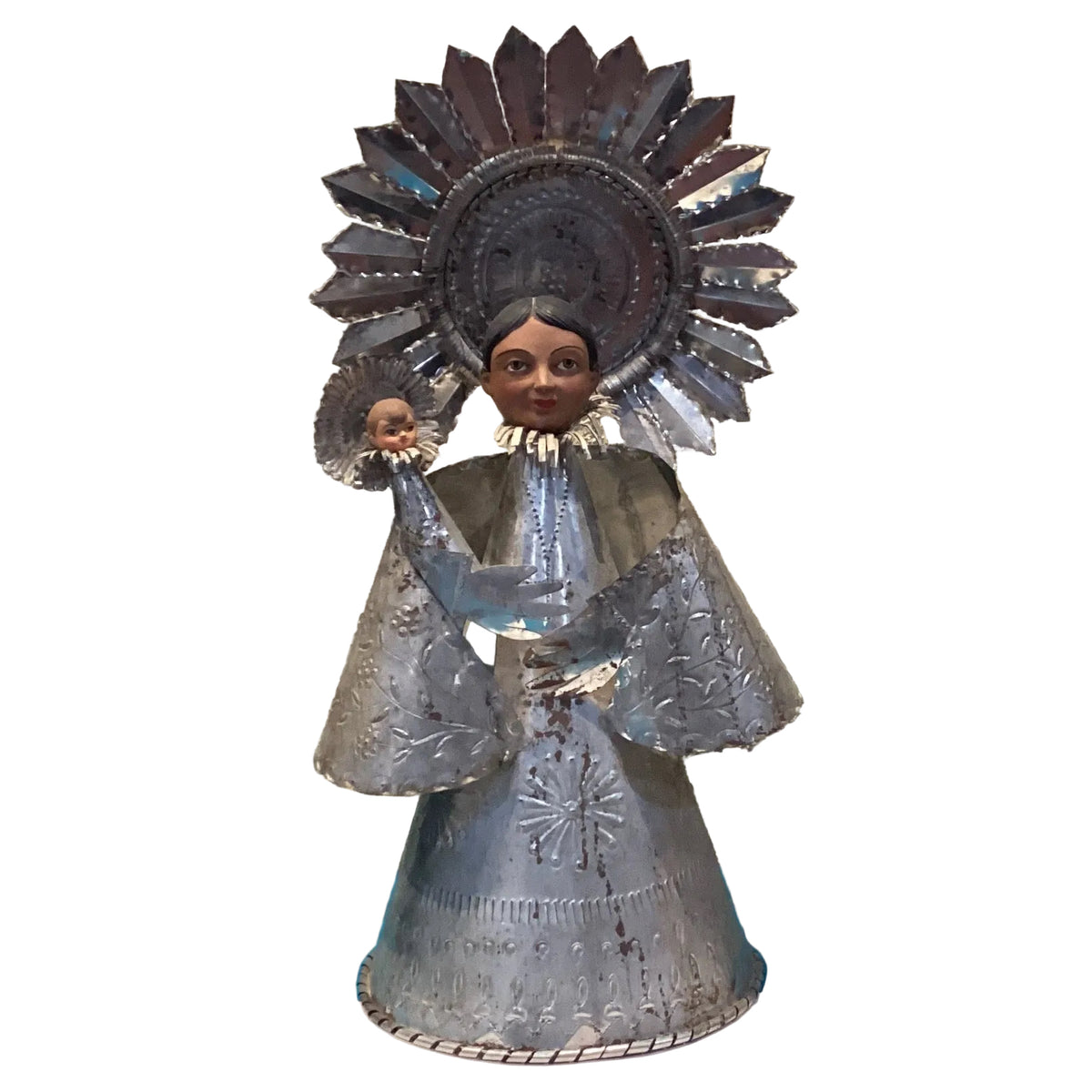 Vintage Mexican tin folk art Virgin Mary and Christ Child 27 inch Catholic statue over 70 years old