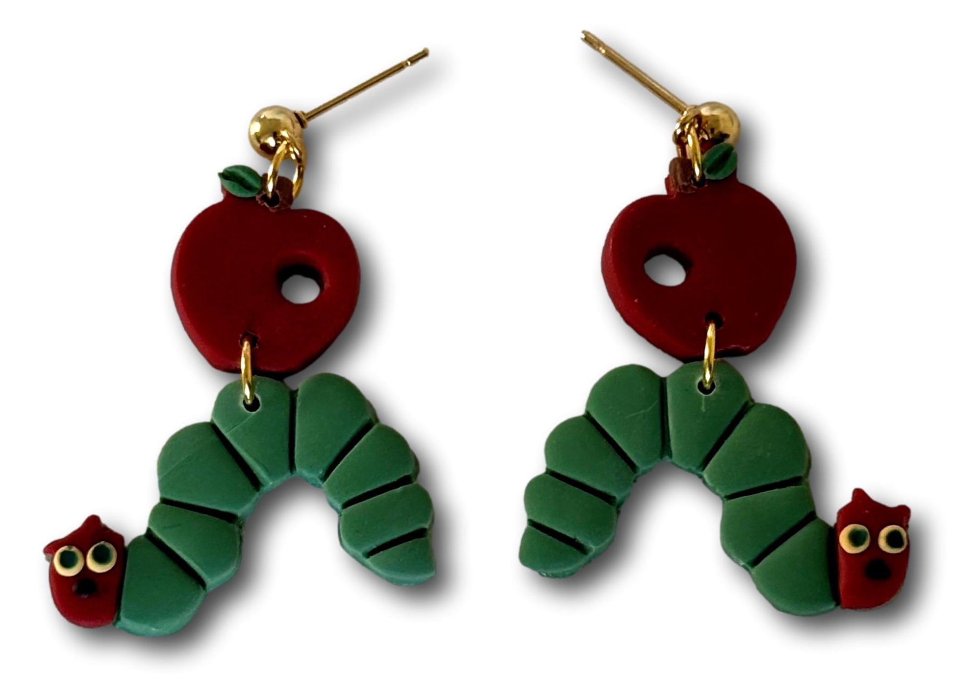 Teacher Apple Caterpillar Polymer Clay Dangle Earrings – 2x1 with 18k Gold Plated Stud Posts