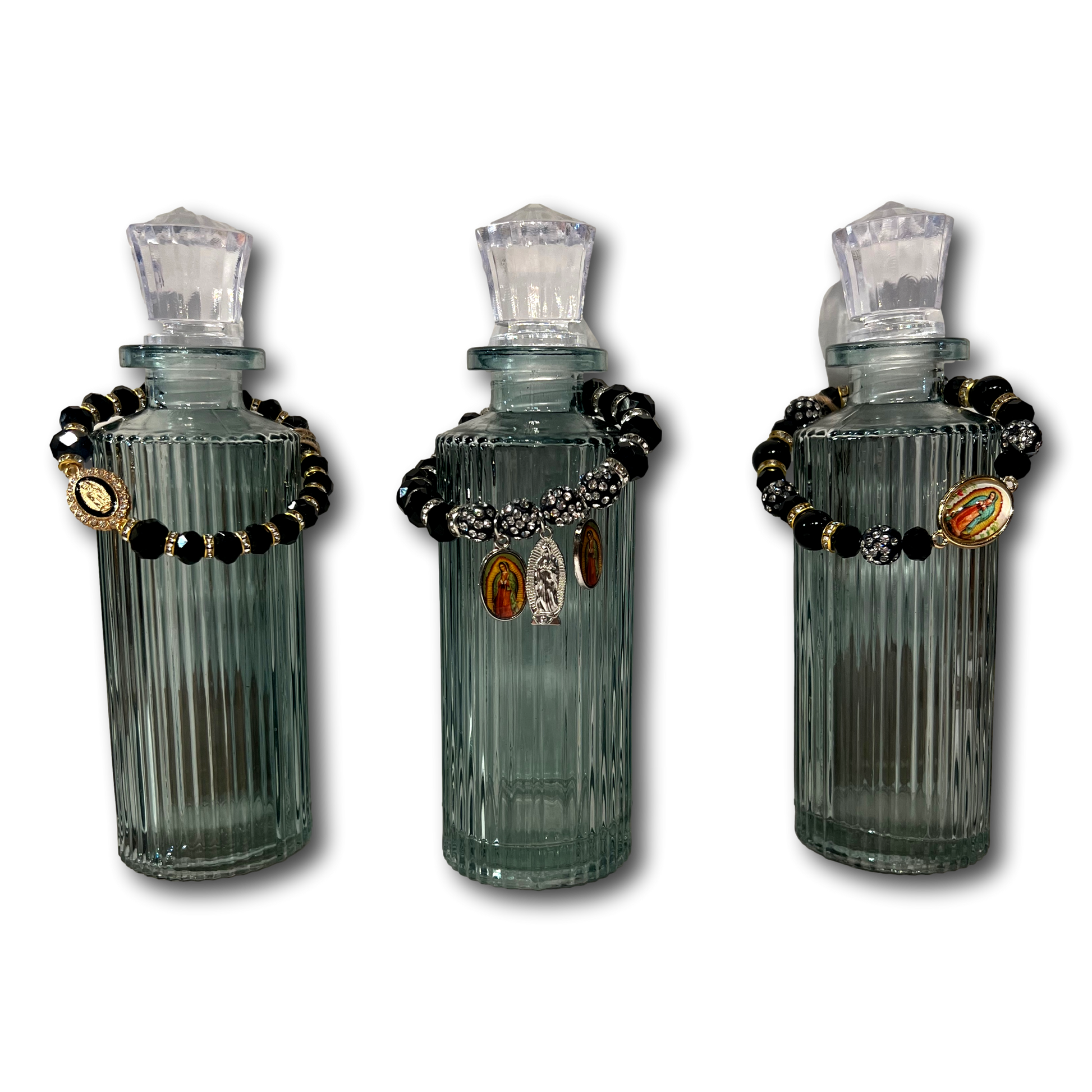 Teal glass holy water bottle with Virgin Guadalupe bracelet set, Catholic Christian gift from Ysleta Mission Gift Shop.