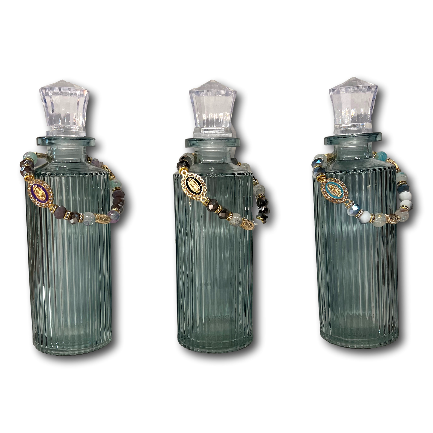 Teal glass Holy Water Bottle with Virgin Guadalupe bracelet set, Catholic Christian gifts, religious jewelry and water vessel.