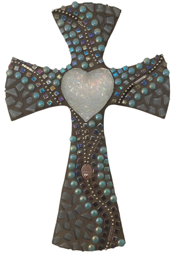 Teal and Grey Mosaic Cross on Wood with Resin Heart – Handcrafted Christian Wall Decor