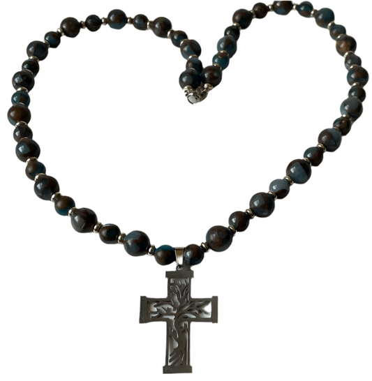 Tree of Life Cross Necklace – 22 Blue & Brown Natural Stone Beads with Silver Pendant
