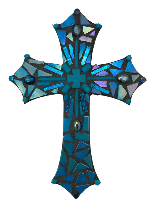 Turquoise-Enhanced Mosaic Cross – Wood Wall Accent 10" x 7"