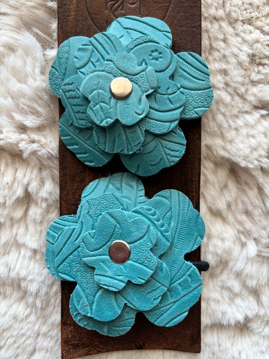 Turquoise Leather Flower Ponytail Set with Bookmark – Handcrafted Southwest Accessories