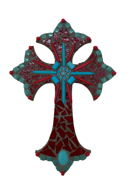 Turquoise Mosaic Cross on Wood – Stones & Red Glass 10" x 7"