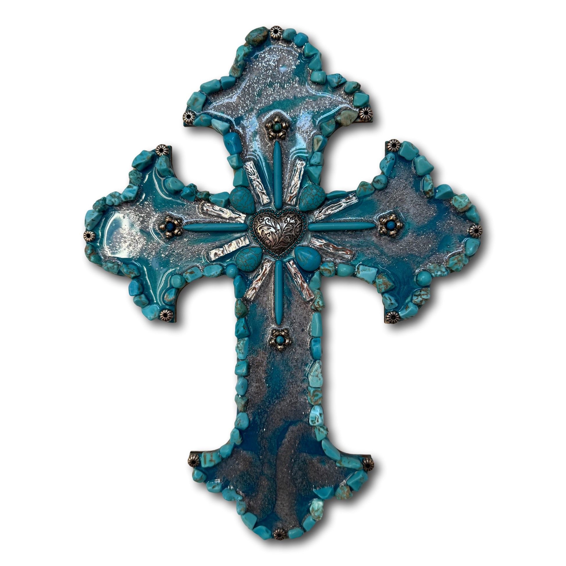 Turquoise and silver resin cross on wooden background, Catholic Christian gift by Brigitte Rosson.