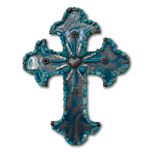 Turquoise and silver resin Christian cross on wooden base, Catholic gift by Brigitte Rosson, featuring intricate design and religious symbolism.
