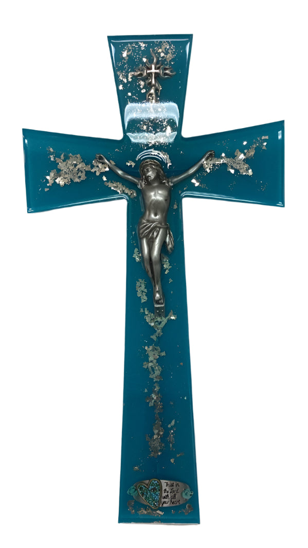 Turquoise & Silver Resin Cross with Corpus and "Trust in the Lord" Adornment – 15"x8" Faith-Inspired Décor