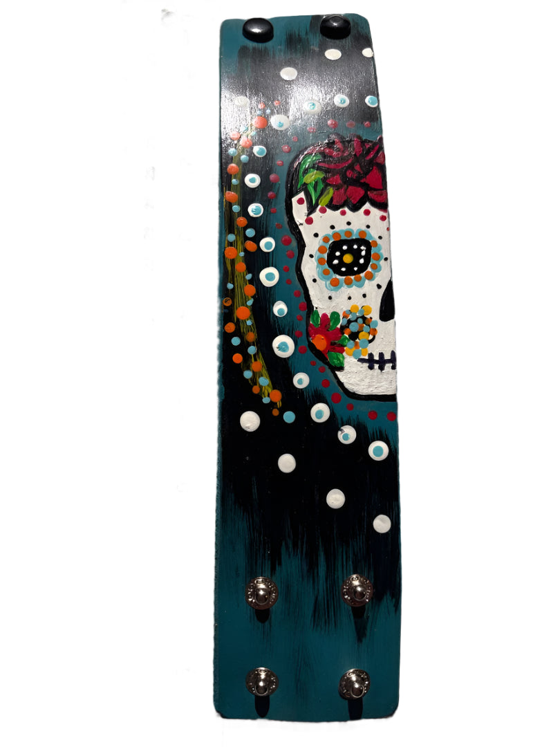 Turquoise Veg Tan Leather Bracelet with Catrina Design – Stylish Hand-Painted 8.5x2 Inch Cuff
