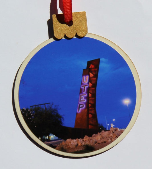 Ornament Utep Pik, Wood Round 3.77 X 4.29In - Ysleta Mission Gift Shop