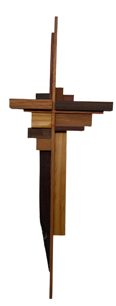 Unique Abstract Wooden Cross – Black Walnut, White Oak, Poplar, Padauk & Redwood – 16" x 5.5"