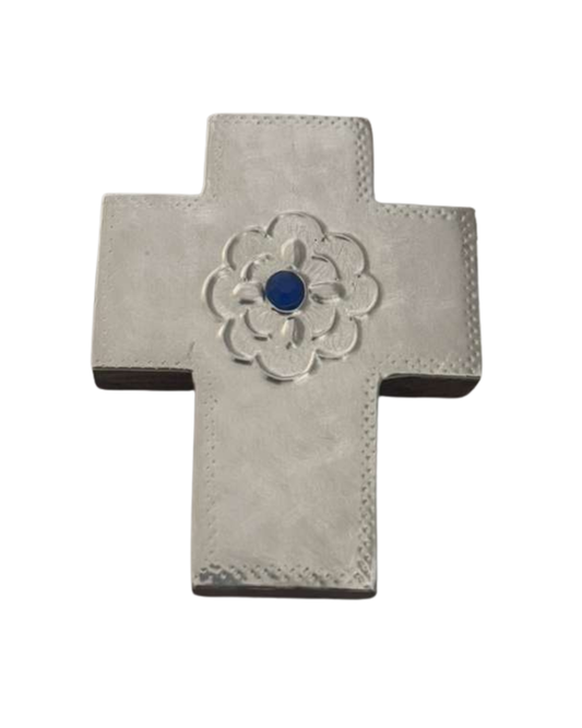 Mini Cross Blue Center Accent Stone Metal Embossed Wood  L3 W2.5