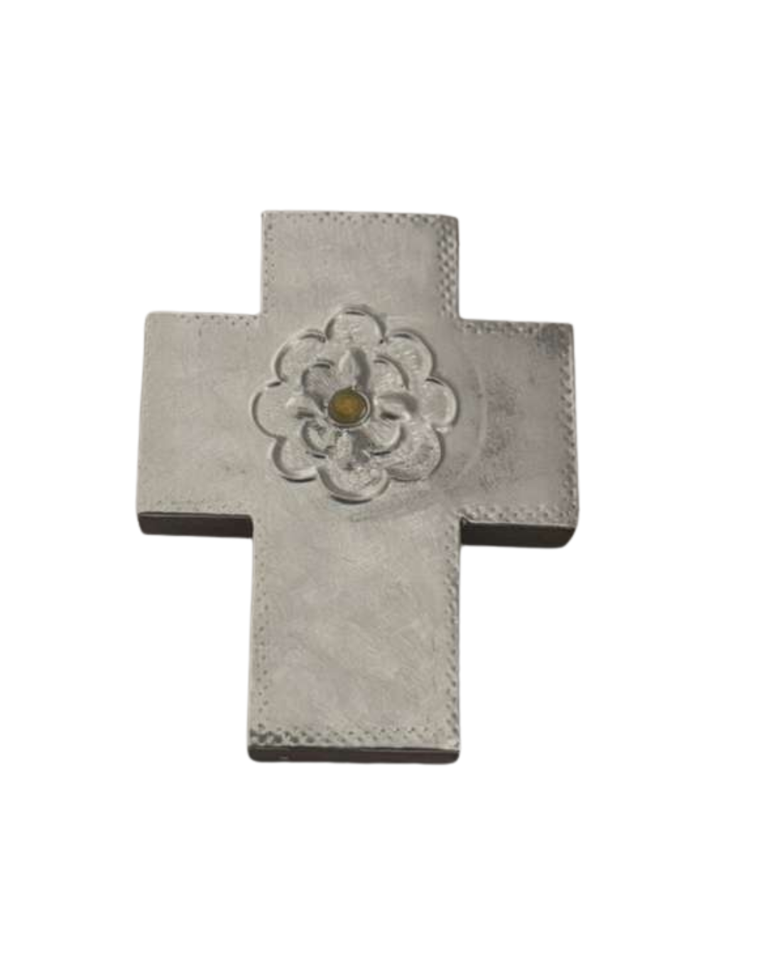 Mini Cross Yellow Center Accent Stone Metal Embossed Wood  L3 W2.5