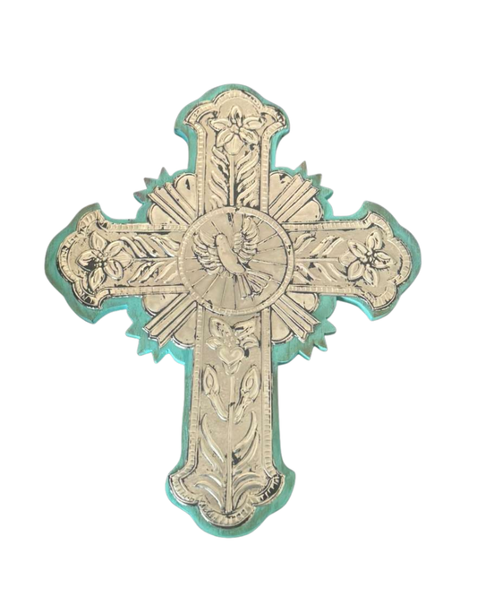 Cross Holy Spirit Dove Metal Embossed Wood Painted Blue W14 W11.5 D.5