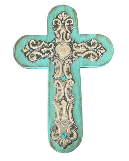 Cross  Heart Metal Embossed Wood Painted Blue L11 W7.5 D.5