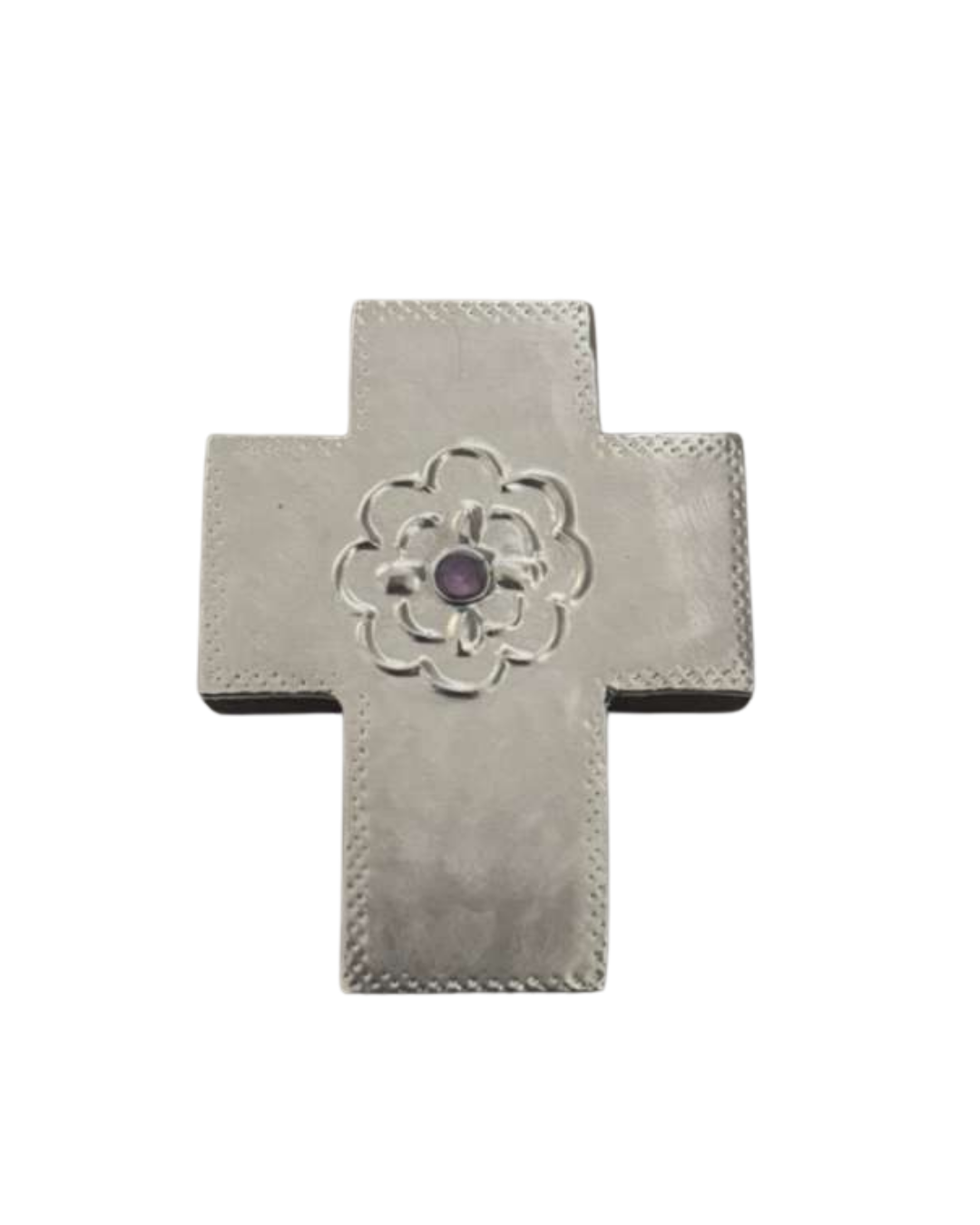 Mini Cross Purple Center Accent Stone Metal Embossed Wood  L3 W2.5