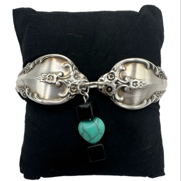 Upcycled Spoon Bracelet with Black Cube & Turquoise Heart Bead