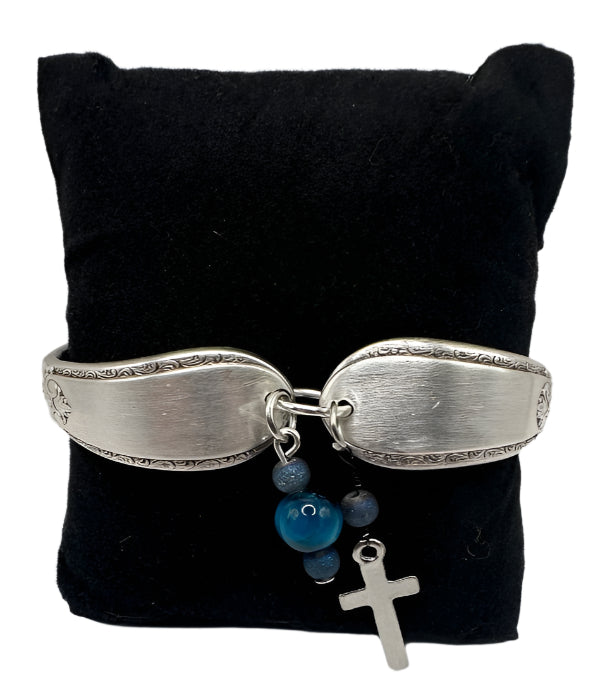 Upcycled Spoon Bracelet with Blue Tiger Eye & Silver Cross