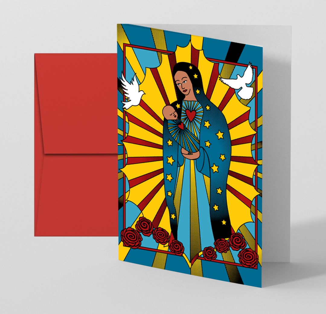 Virgin Mary and Baby Jesus blank note card featuring religious artwork, ideal for Catholic and Christian stationery.