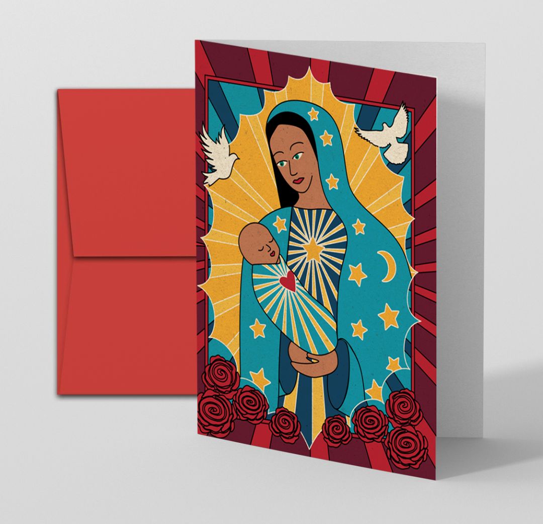 Virgin Mary and Baby Jesus blank note card featuring religious artwork on a white background, by Vanessa Clark.
