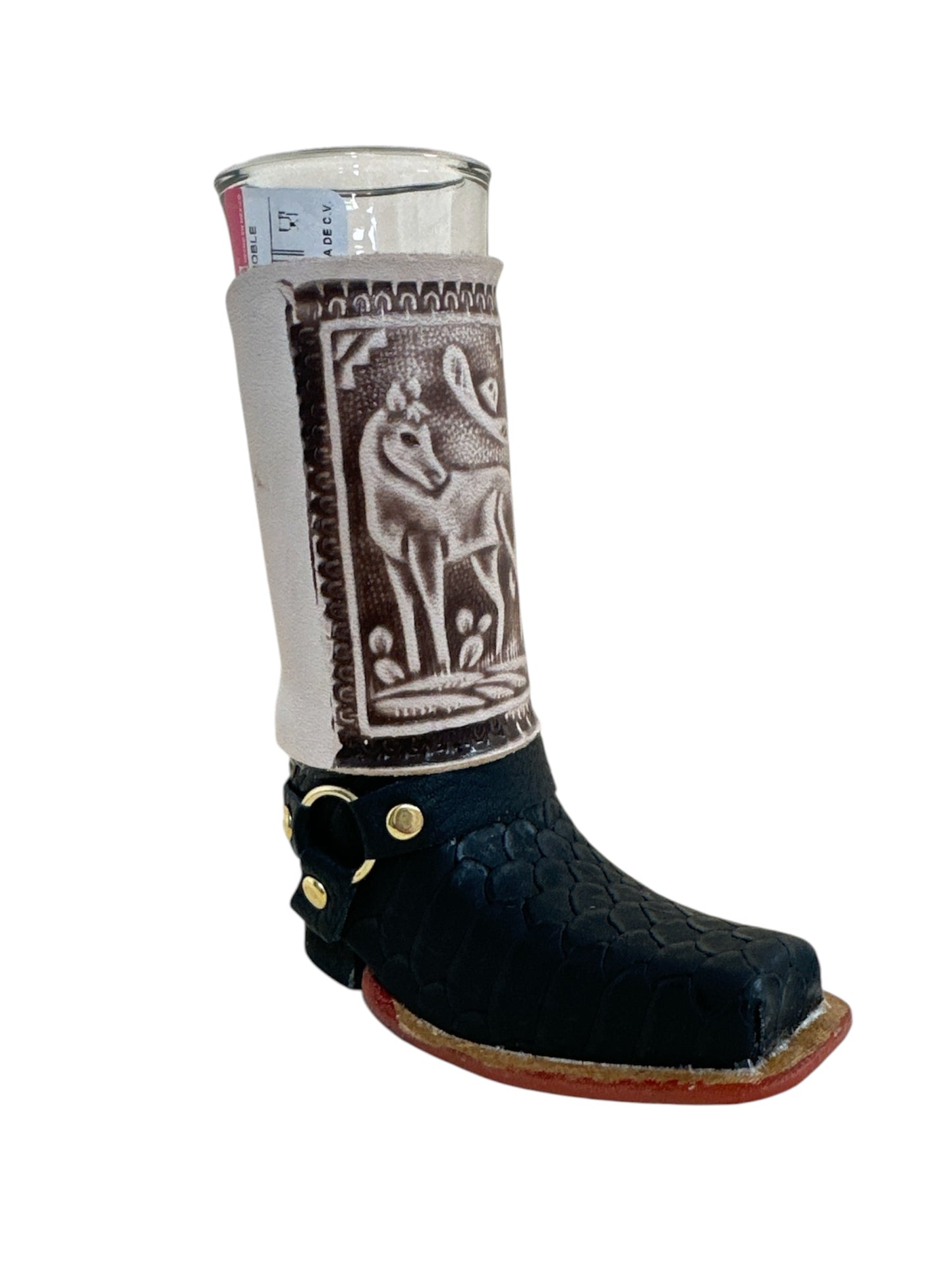 Handcrafted real leather boot shot glass with removable glass insert, 6-inch size, in assorted styles for home and bar use.