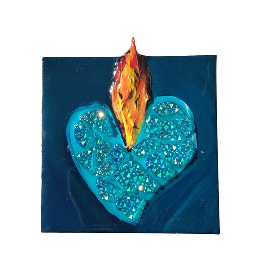 Original Art Aqua Blue Mosaic Sacred Heart 3"