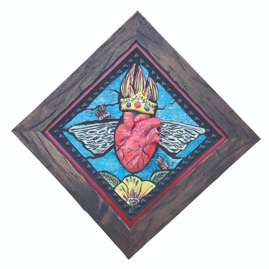 Ceramic Mosaic Sculpture of Heart with Crown and Wings