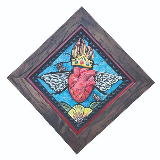 Ceramic Mosaic Sculpture of Heart with Crown and Wings