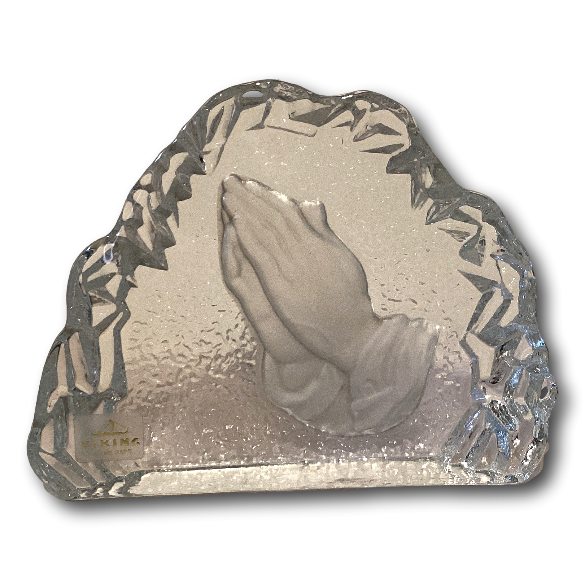 Clear crystal glass praying hands figurine with etched religious design, Christian tabletop decor representing faith and devotion.