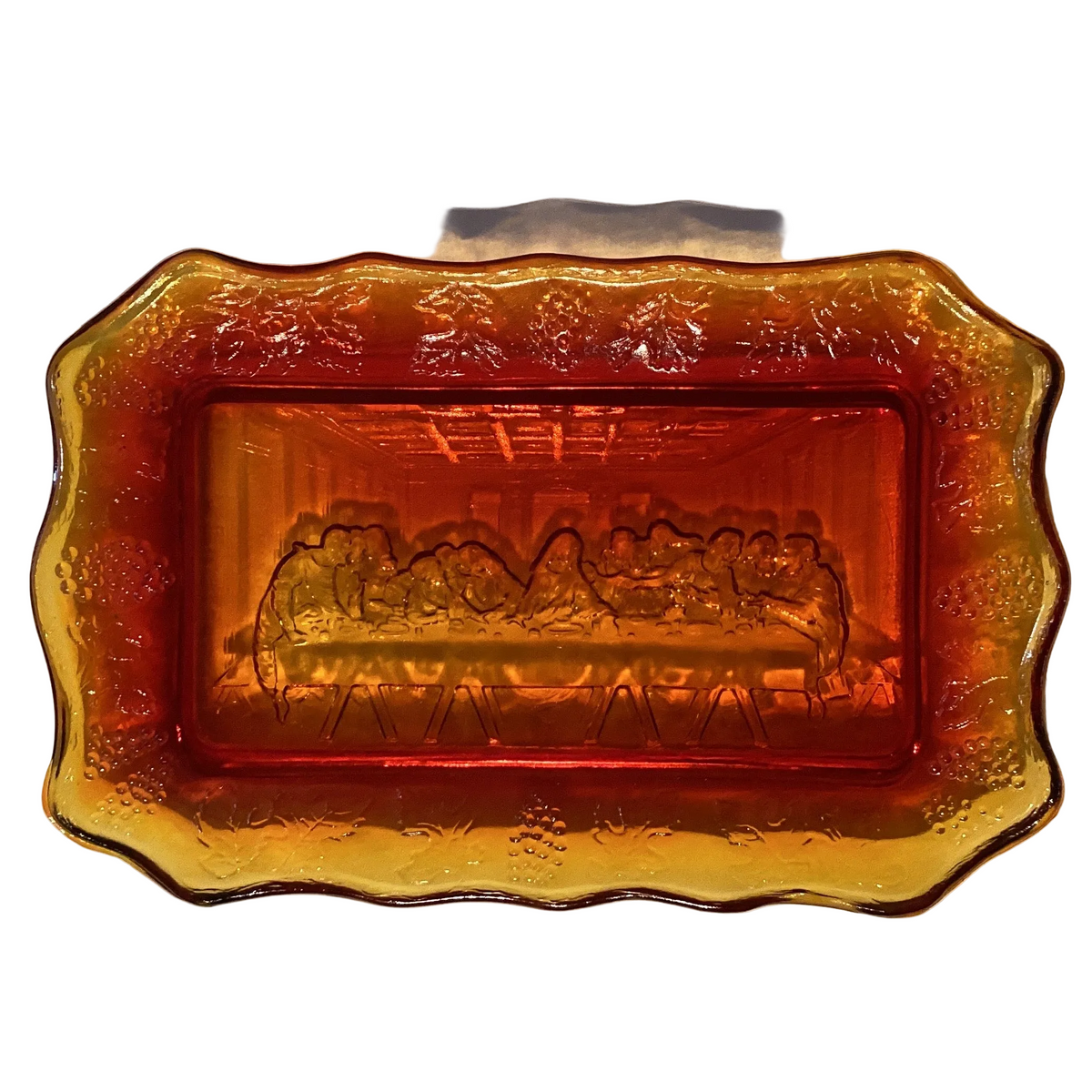 Catholic The Last Supper 11-inch Indiana Glass serving platter featuring a 70s design with religious Christian imagery.