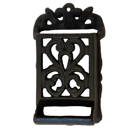 Vintage cast iron wall mount matchbox holder with rustic farmhouse style, 6 x 3.5 inches, ideal for Catholic and Christian home decor.