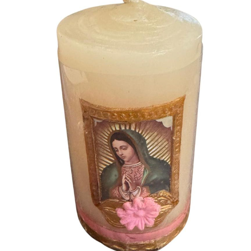 Virgen De Guadalupe Mini Candle With Pink Rose | Devotional Gift