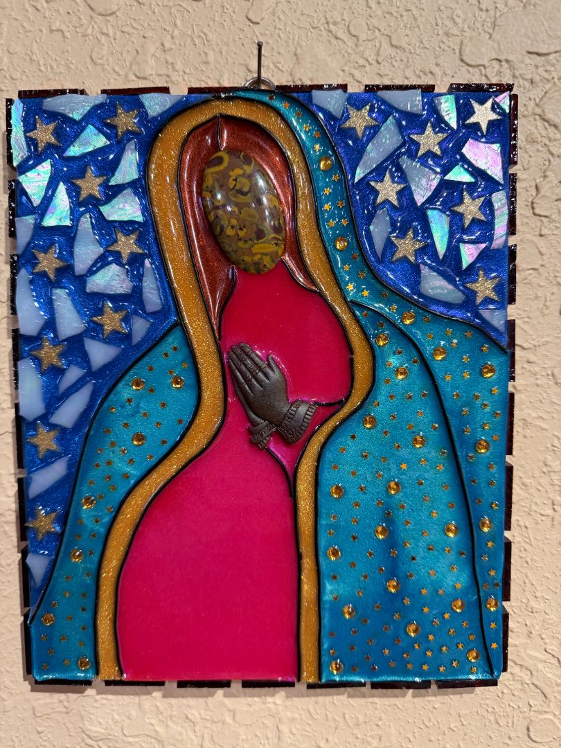 Virgen Guadalupe Plaque – Resin on Wood with Glass & Gemstones