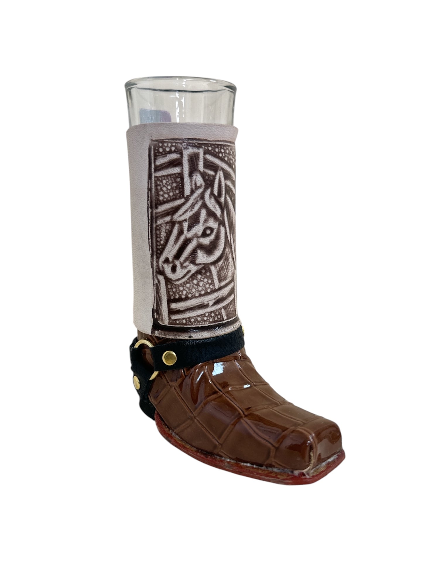 Handcrafted real leather boot shot glass with removable glass insert, 6-inch size, in assorted styles for home and bar use.