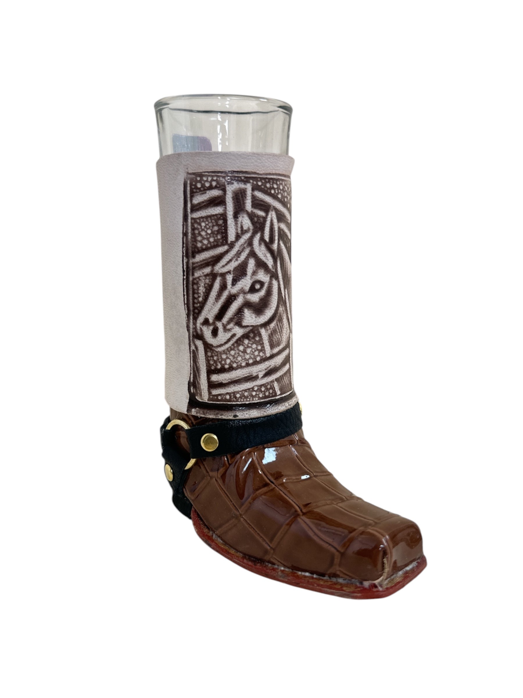 Handcrafted real leather boot shot glass with removable glass insert, 6-inch size, in assorted styles for home and bar use.