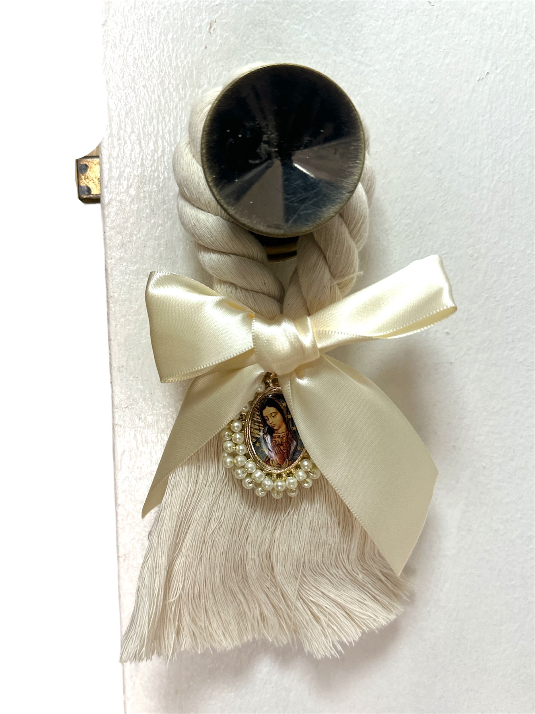 Cream satin bow with Our Lady of Guadalupe image, 8.5-inch Catholic devotional ornament by Jose Alberto Chavez.