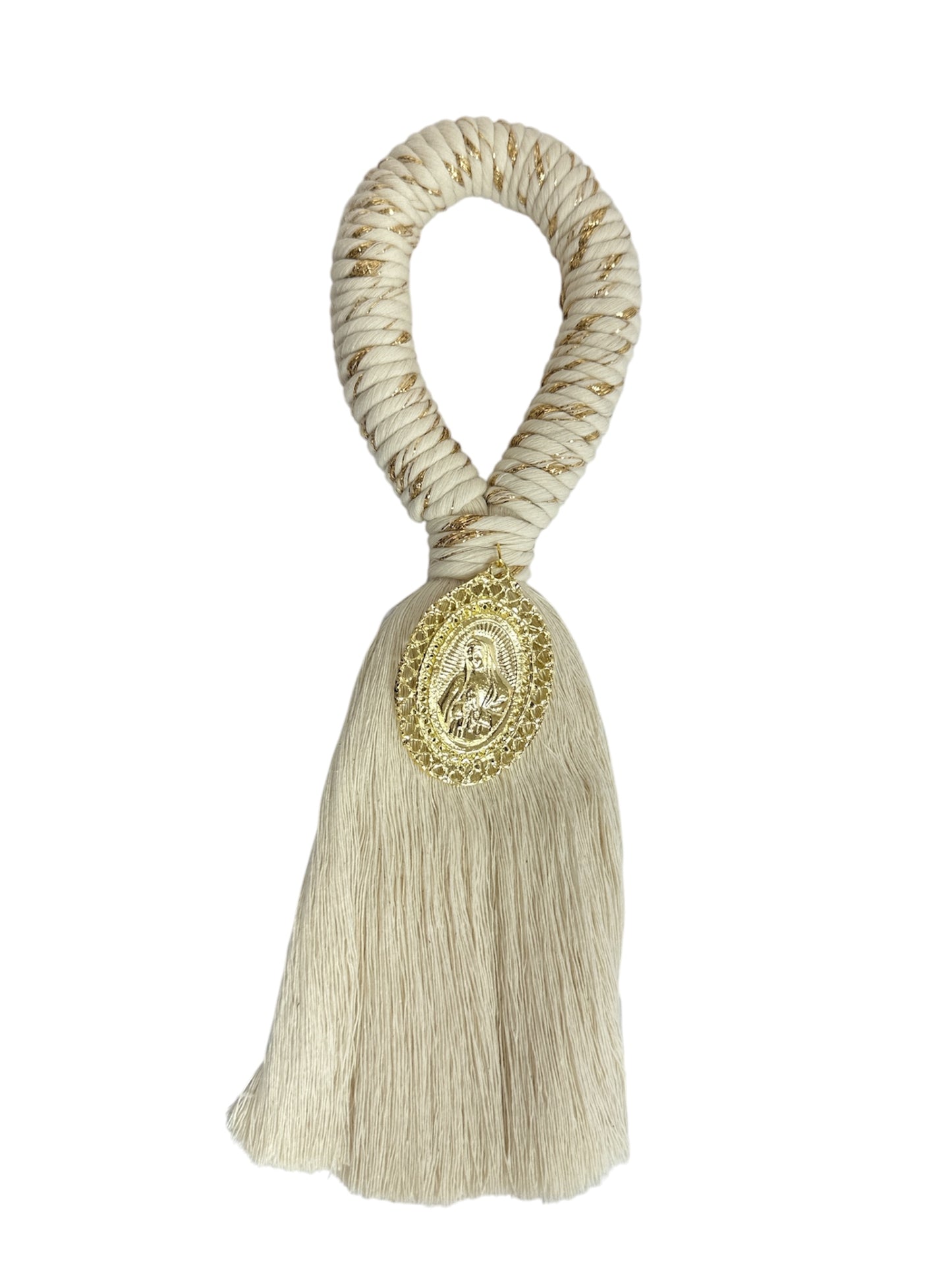 Gold Our Lady of Guadalupe 8.5-inch Catholic devotional ornament by Jose Alberto Chavez, ideal for door blessings and religious decor.