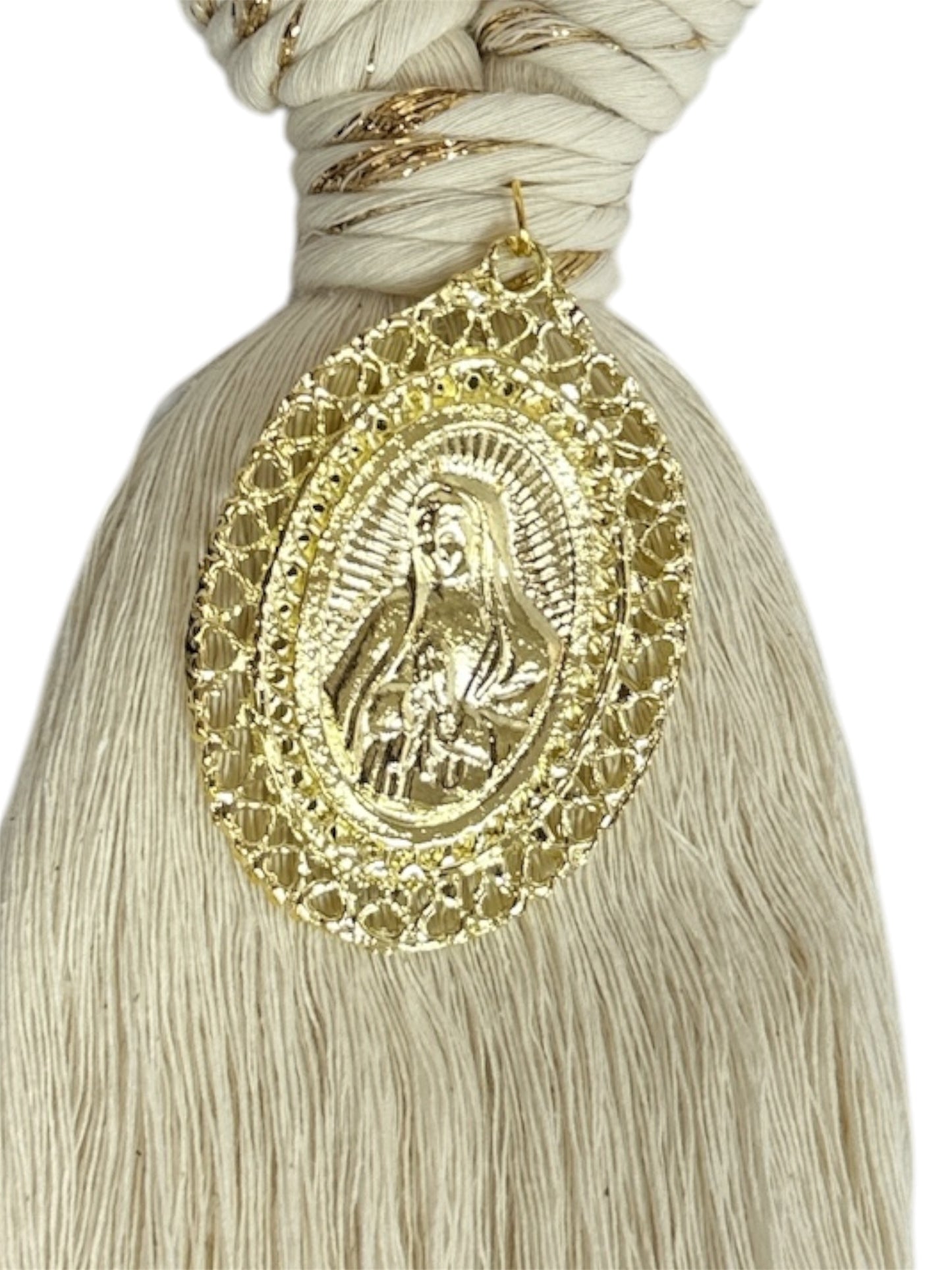 Gold Our Lady of Guadalupe Catholic devotional ornament, 8.5-inch door blessing by Jose Alberto Chavez, featuring religious imagery.