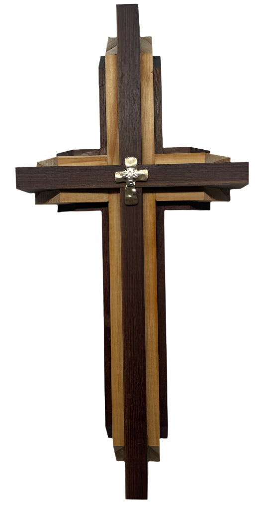 Walnut & Poplar Cross with Gold & Silver Center – Handcrafted Religious Art – 15" x 7"