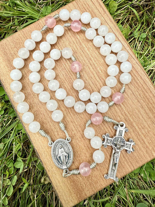 White & Pink Jade Catholic Rosary – Miraculous Medal Centerpiece & Saint Benedict Crucifix - Ysleta Mission Gift Shop