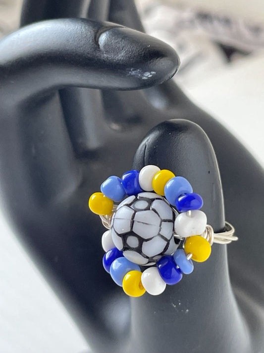 Ring Resin Soccer Ball Blue White Yellow Glass Seed Beads Size 7.5