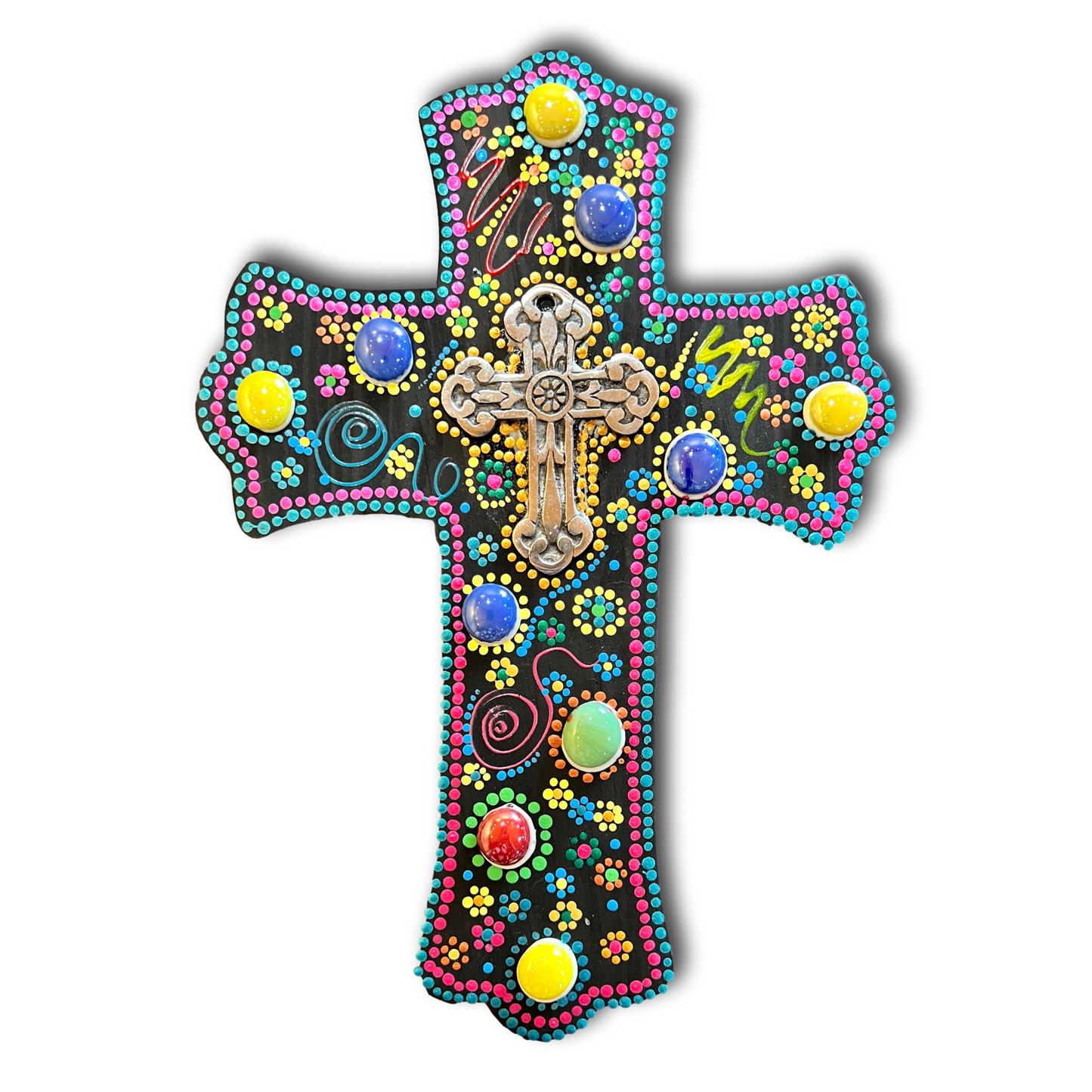 Wood Cross Dot Art – Handcrafted - Metal Cross