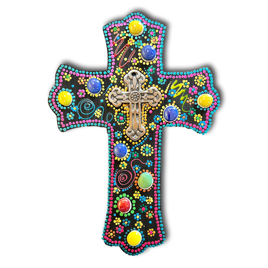 Wood Cross Dot Art – Handcrafted - Metal Cross