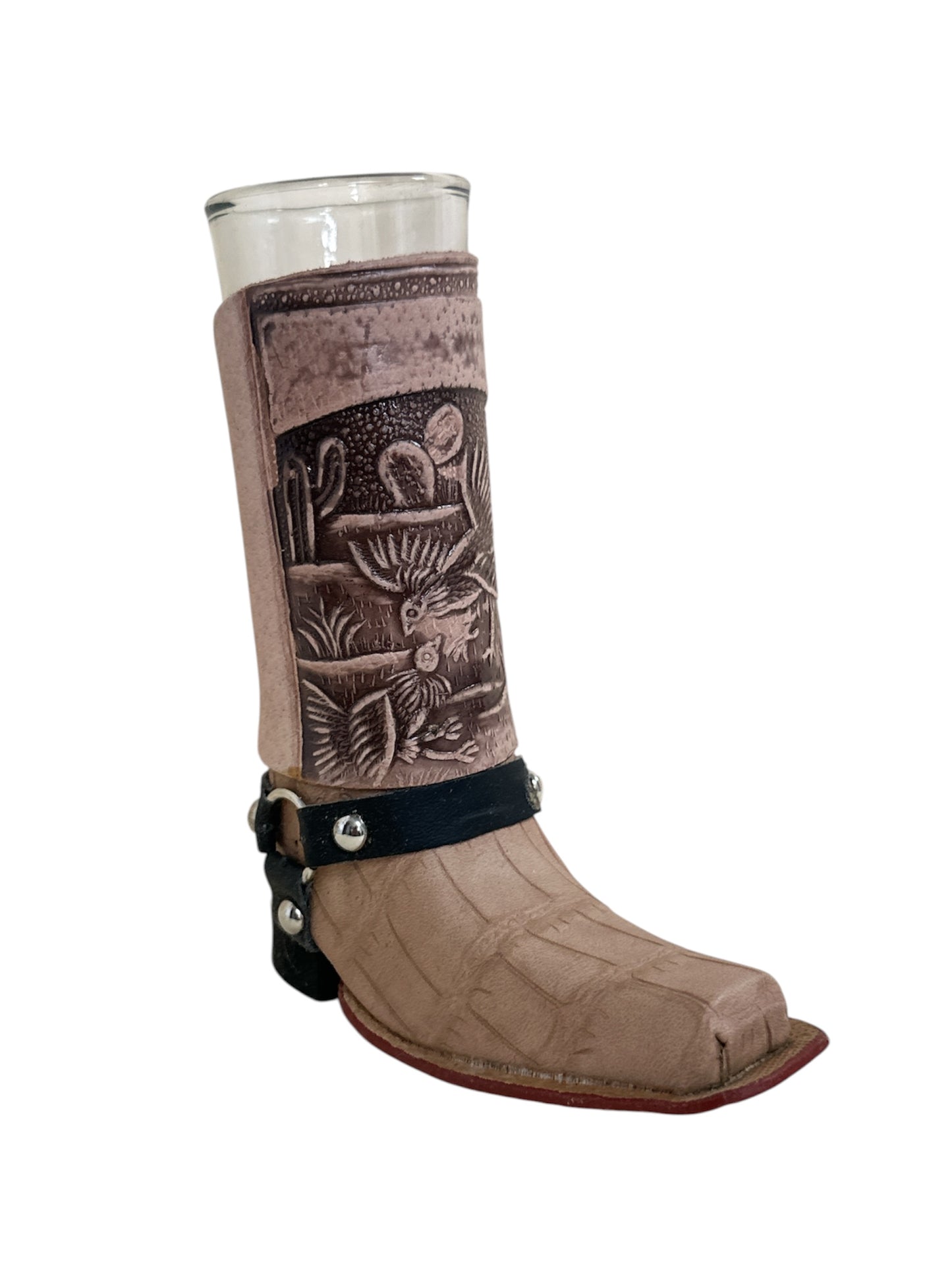 Handcrafted real leather boot shot glass with removable glass insert, featuring assorted styles, 6-inch size, perfect for home bar decor.