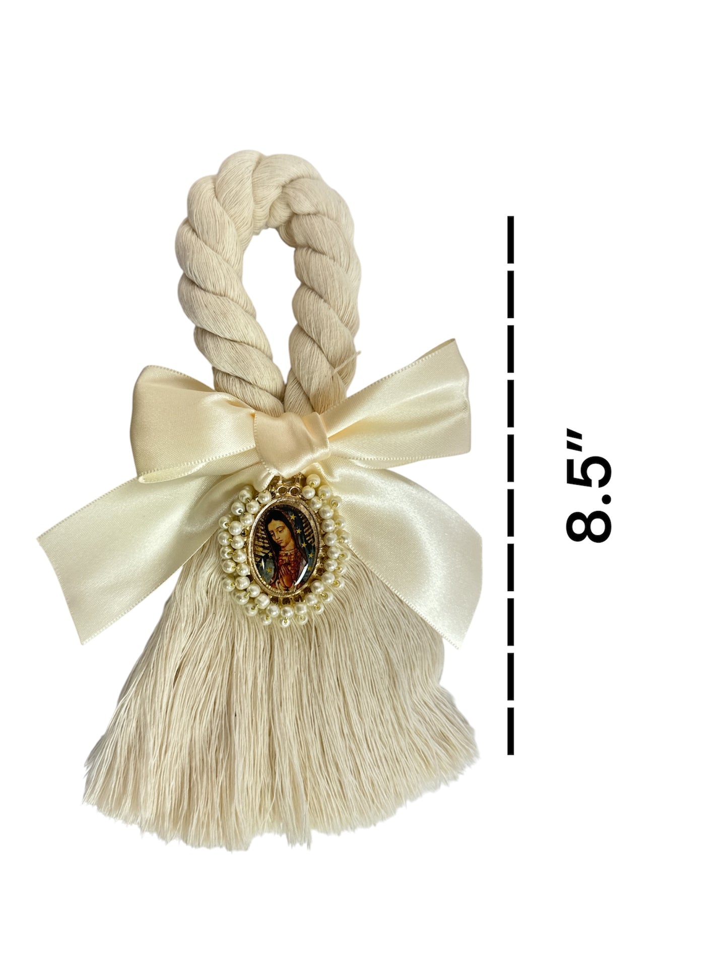 Cream satin bow featuring Our Lady of Guadalupe for door blessing, devotional Catholic ornament by Jose Alberto Chavez.