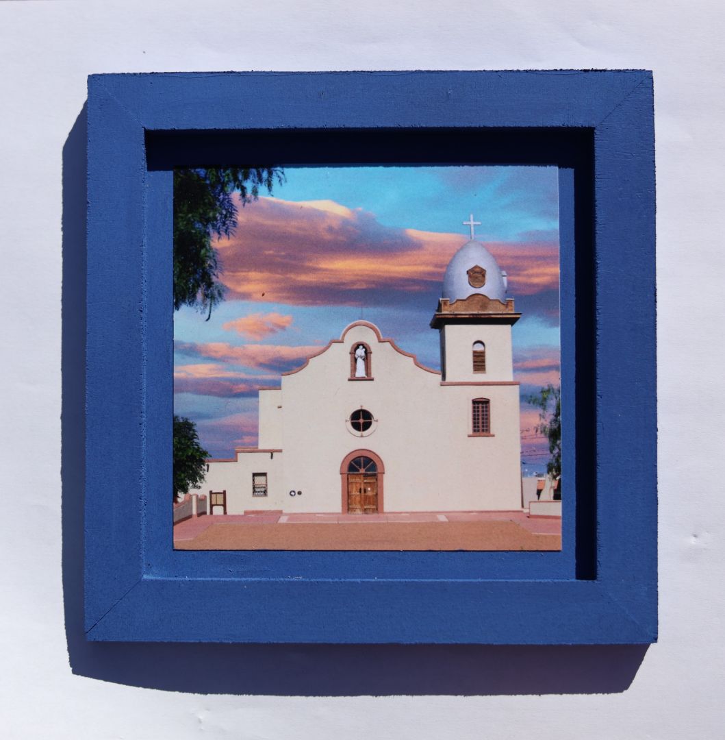 Framed Ysleta Mission Print with Clouds, Wood Frame 5.75x5.75 Inches