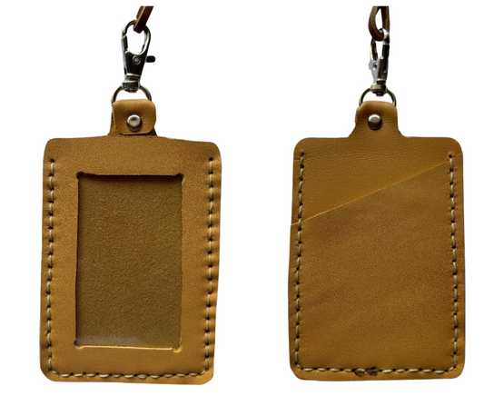 Handcrafted Warm Brown Leather ID Holder with Matching Lanyard 4x3 In– Classic & Durable Badge Wallet