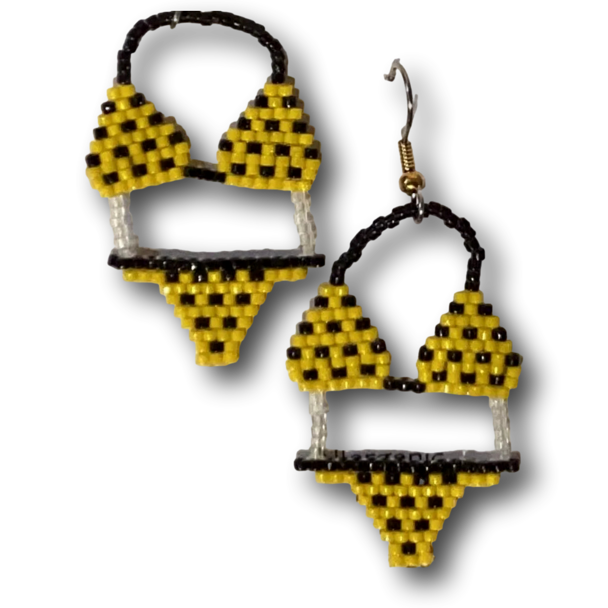 Yellow polka dot beaded dangle earrings featuring bikini charm from Ysleta Mission Gift Shop, 2-inch jewelry accessory.